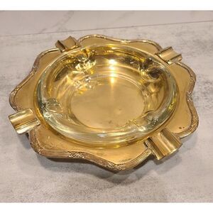 Ashtray Set 8" Octagon Shaped Brass & Glass, 1" Height 2-pc. Cigar Cigarette EUC